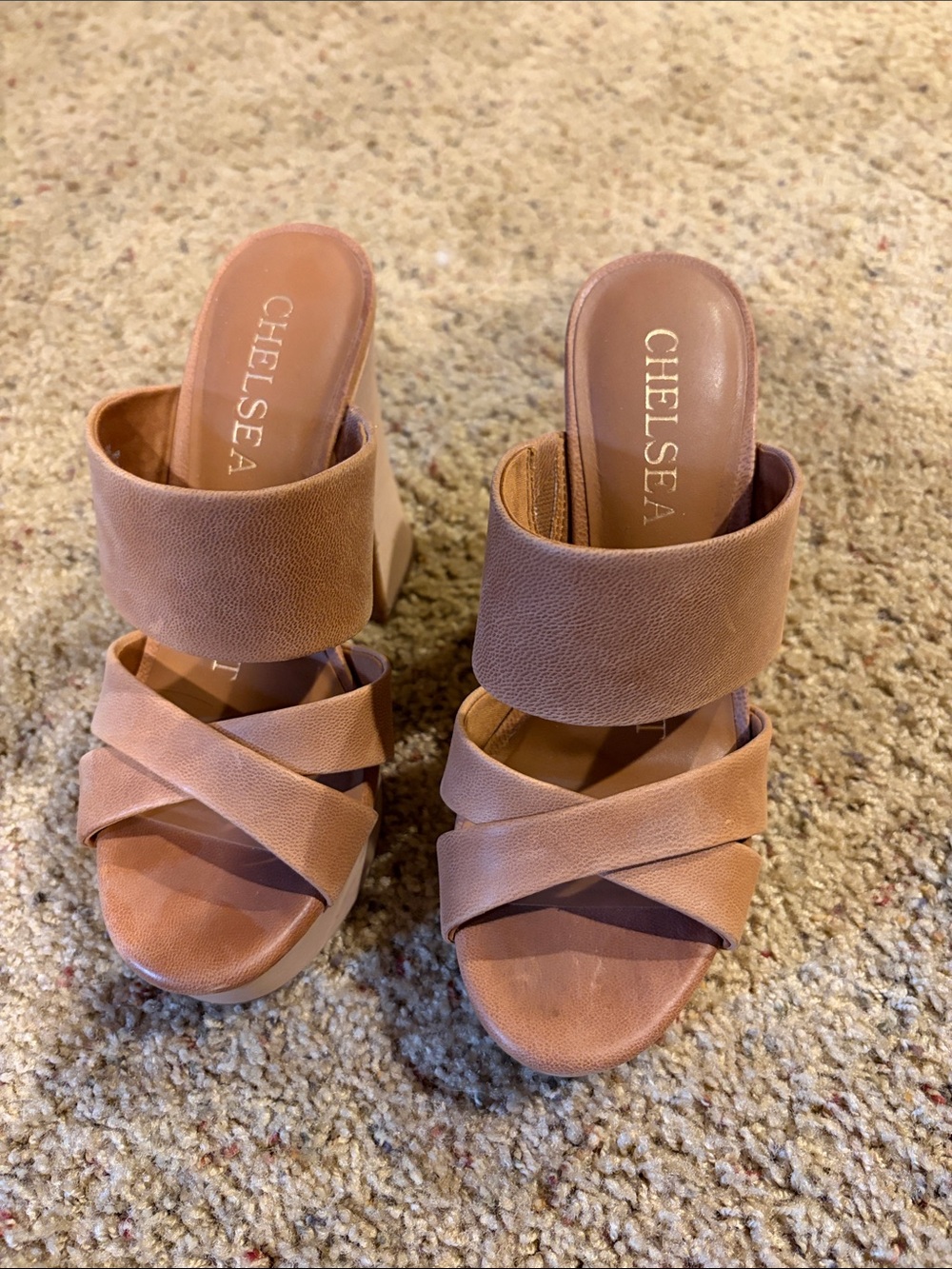 Chelsea & Violet Taupe Crisscross Block Heel Slides